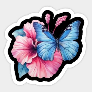 Blue Butterfly on Pink Hibiscus Watercolor Sticker